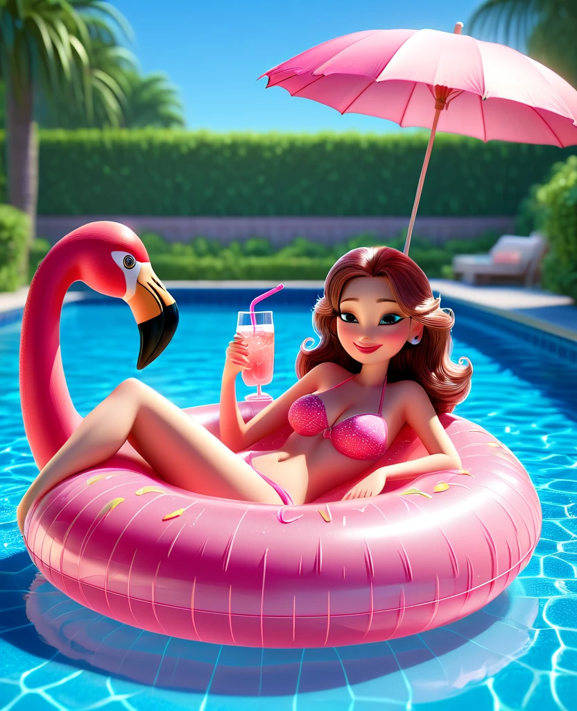 Pixar Mom, attractive woman, long hair with great detail and a pink inflatable ring in the pool with a pink flamingo in the background. The woman is lying on her stomach in the pool with a pink inflatable ring around her neck. He is holding a glass of water with a straw and a pink umbrella. The background is a gradient from light blue to dark blue.