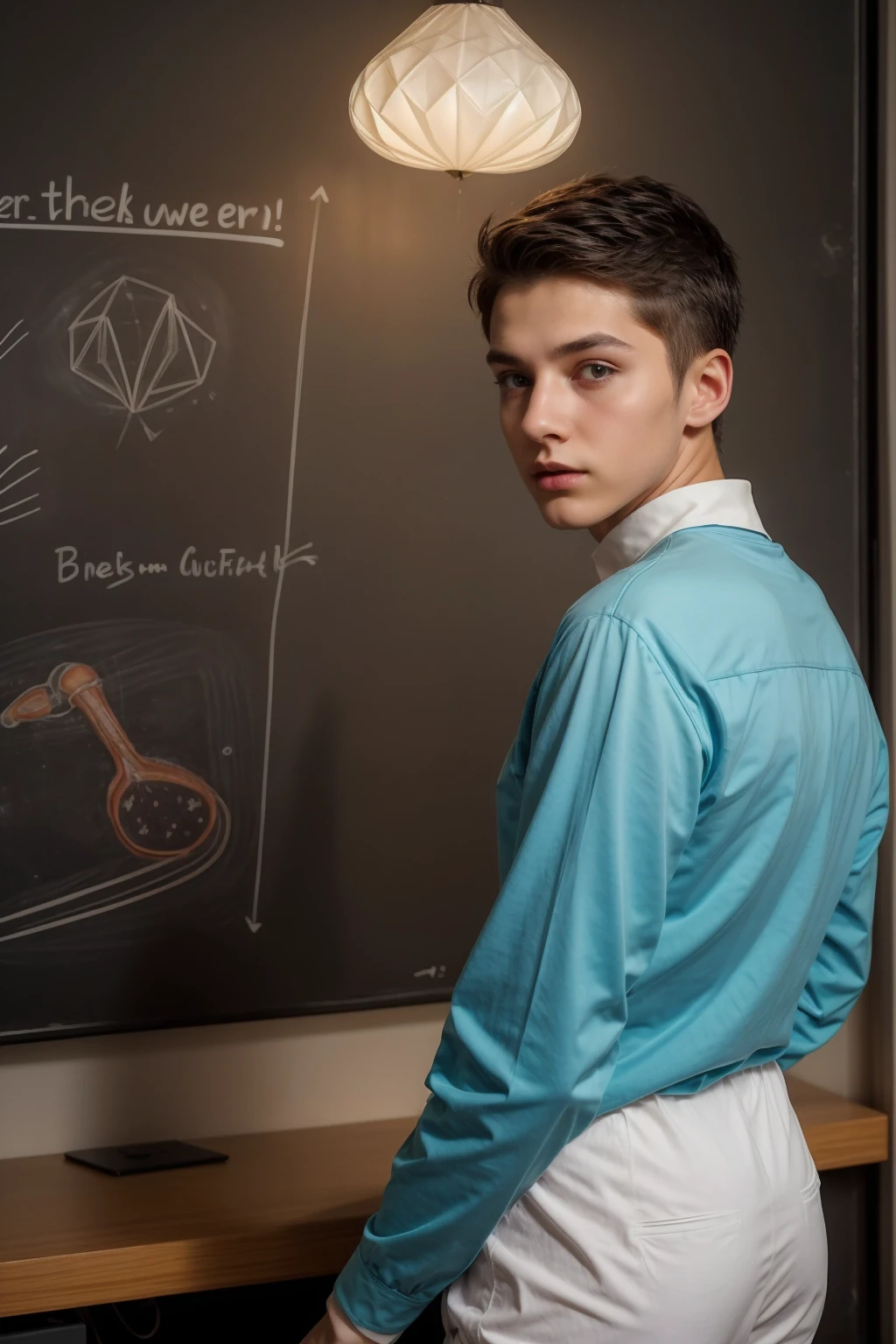 A beautiful young man, a cute male twink, with black hair, a face with reddish make-up, wearing a bright white long-sleeved shirt and aqua blue pants. He is in his office, and behind him is a blackboard on which is written the shape of the brain and its anatomy, and nuclear energy comes out of it.