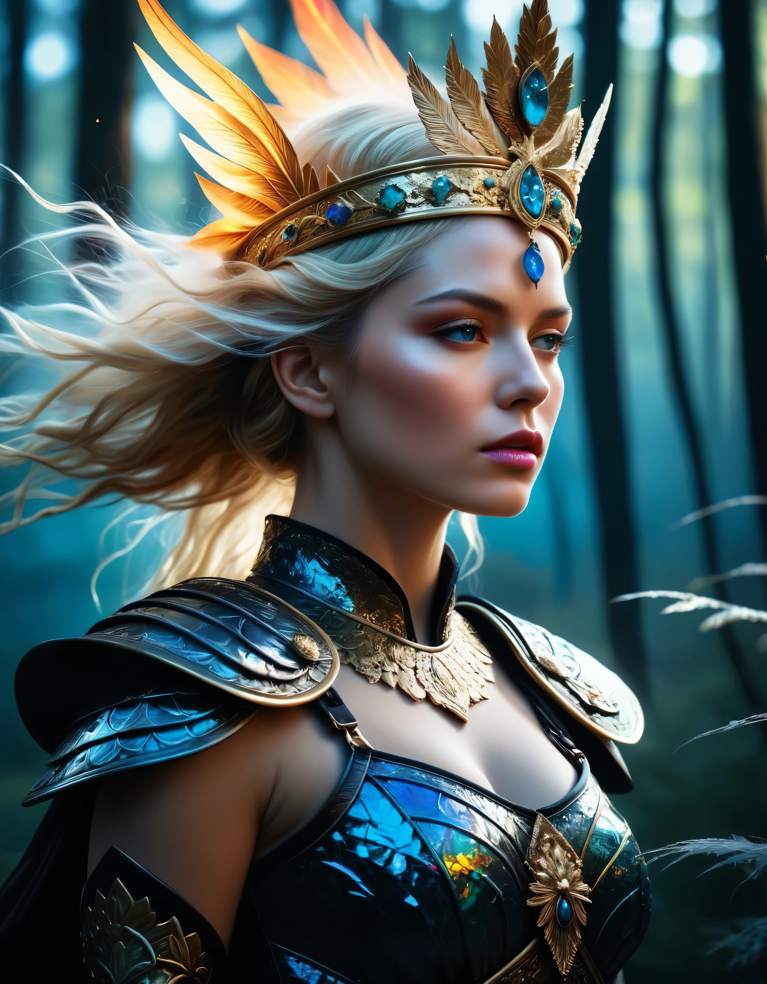 ((Masterpiece in maximum 16K resolution):1.6),((soft_color_photograpy:)1.5), ((Ultra-Detailed):1.4),((Movie-like still images and dynamic angles):1.3) | ((double contact):1.3), ((Fierce Blonde Female warrior queen silhoutte effect):1.2), ((Superimposed on Pretty Female):1.1)《dark forest sky》Agnes Cecile, Jeremy Mann, Oil and ink on canvas, fine dark art, super dramatic light, photoillustration, amazing depth, the ultra-detailed, iridescent black, superfluous dreams, intricately details, amazing depth, Amazing atmosphere, Mesmerizing whimsical vibrant landscapes, ((Female warrior queen aesthetic attire):1.2), Maximalism ((beautiful outside, Ugly inside, pressure and pain, beauty and despair, hard and soft, positive and negative, hot and cold, Sweet and sour, Vibrant but boring, Perfect harmony, light and shadows, old and young, Black and white, Corresponding color, loud and quiet, Chaos and peace, life and death):1.2) The complex masterpiece of a real-time engineering leader. | Rendered in ultra-high definition with UHD and retina quality, this masterpiece ensures anatomical correctness and textured skin with super detail. With a focus on high quality and accuracy, this award-winning portrayal captures every nuance in stunning 16k resolution, immersing viewers in its lifelike depiction. | ((perfect_composition, perfect_design, perfect_layout, perfect_detail, ultra_detailed)), ((enhance_all, fix_everything)), More Detail, Enhance.
