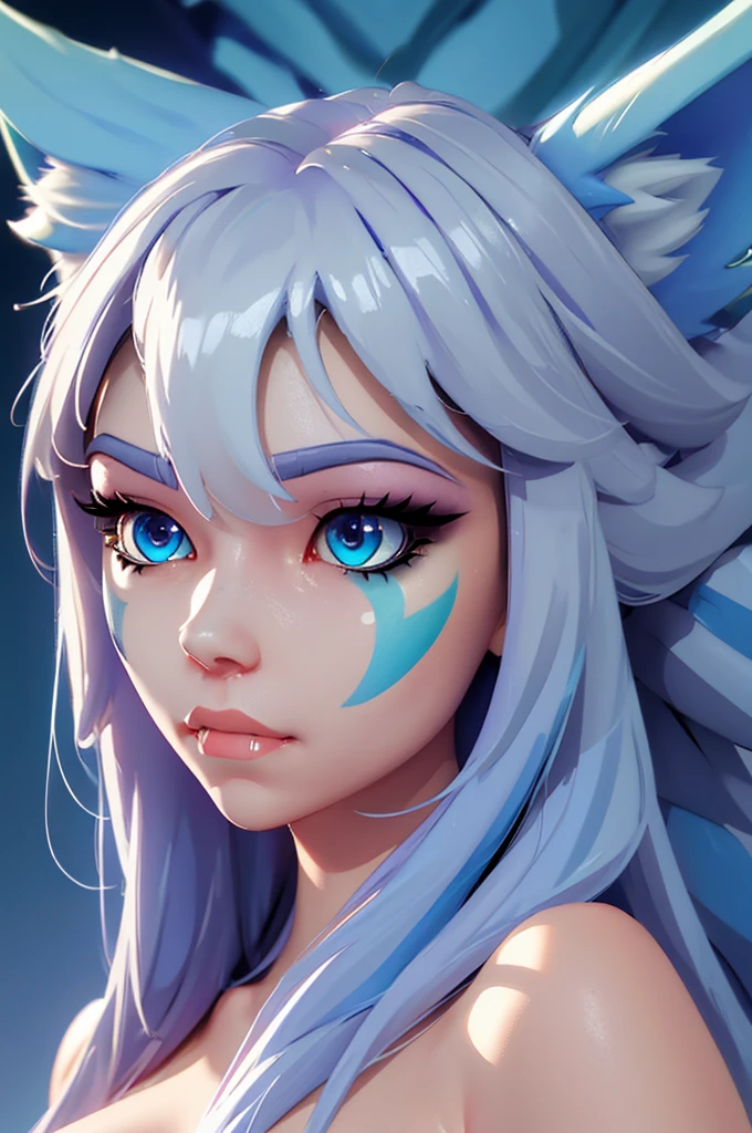 Io,blue eyes, wolf ears, wolf tail, very long light blue hair, facial mark on left cheek,twin braids, fang, 
 moonlight, grass, lake, 
(insanely detailed, beautiful detailed face, masterpiece, best quality)  nude huge tits 