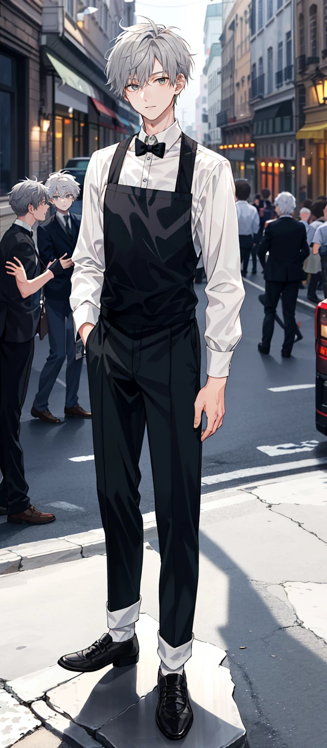 1 boy, 25 years old, full body, waiter, short hair, grey hair, messy hair, undercut,