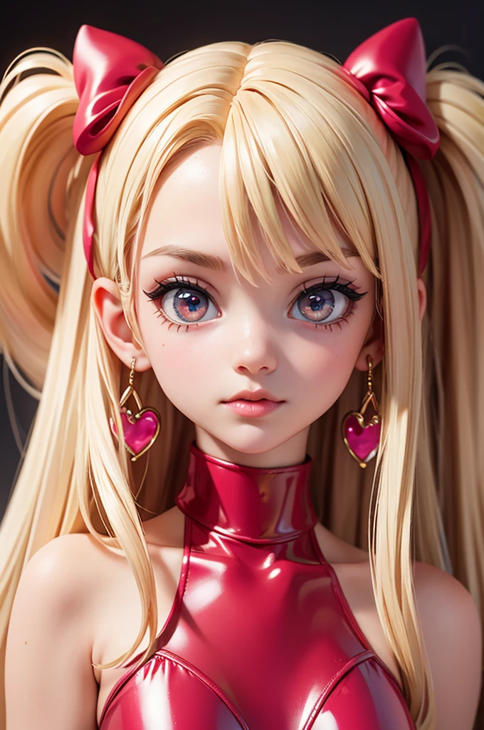 hyperrealistic 14 year old american teen, blonde, perfect tiny body, sexy, dark makeup, perfect slim face, big red lips, very cute face, tiny body, big eyes, young looking, childish looking, big earrings, pink latex dress