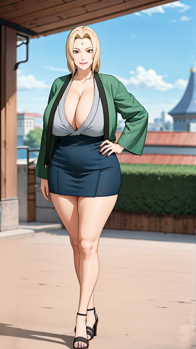 Big Breasts, Big Hips, Full Body Shot, Mature mother, Voluptuous thighs, ox, Seductive mature woman, Perfect body, Plus Size Model,, Wearing high heels,Tight mini skirt, Tsunade、Micro bikini top、Grinning face、Breasts overflowing from bikini