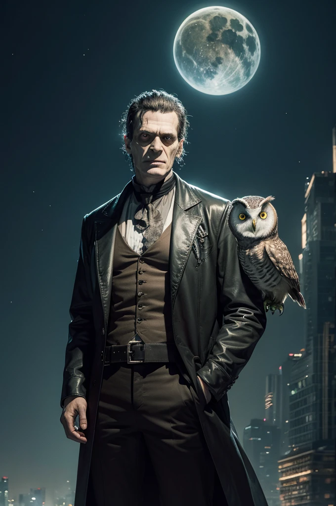 Frankenstein monster in space with owl on his shoulder