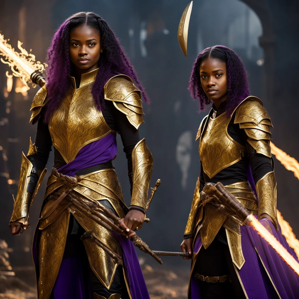A light black woman, with straight and pasted hair, with violet eyes, with the pupil of the right eye emitted light, with a golden armor, a flaming sword in his right hand and a staff in his left hand.