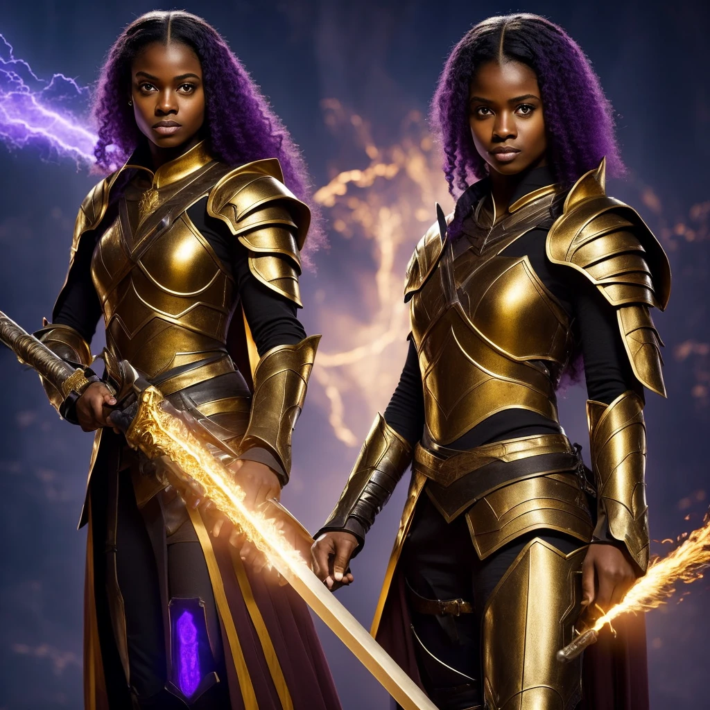 A light black woman, with straight and pasted hair, with violet eyes, with the pupil of the right eye emitted light, with a golden armor, a flaming sword in his right hand and a staff in his left hand.