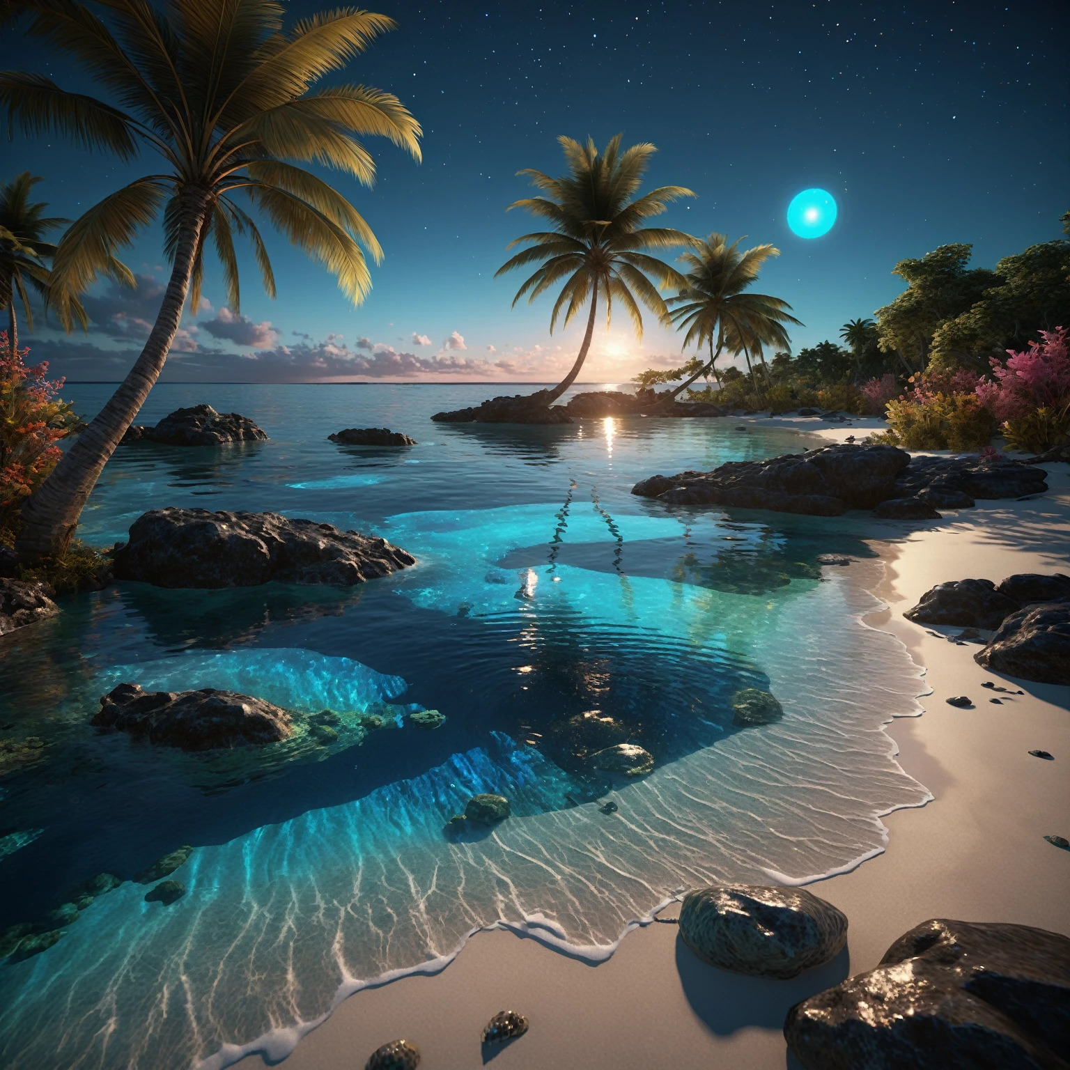 On a dark night lit by the moon, from a high vantage point, observe a turquoise blue lagoon stretching to the horizon. To the left, a beach lined with palm trees nestles under a crystal-clear turquoise blue lagoon, where coral reefs and multicolored bioluminescent aquatic fauna are revealed in detail, animated by delicate waves. In the sky, a swirling galaxy evolves into a giant blue eye, more detailed and majestic, set against a starry sky adorned with nebulae and cosmic dust. The bright reflections of this blue eye and the starry sky intensely mirror on the water’s surface. Along the shore, a blonde woman with long, flowing hair, dressed in a finely detailed transparent gown that seems woven from celestial fabric, stands upright, absorbed by the wonders of the universe. The water near her is crystal clear, revealing multicolored bioluminescent algae and richly detailed marine life. In the midst of this scene, a joyful dolphin leaps out of the water, adding a touch of life and movement. This work must capture the essence of lunar luminism and fantastical realism against a complex and meticulously detailed background, rendered in ultra-realistic 8k resolution for hyper-realistic finesse evoking enchanted photography effects. Summon modern fantasy elements popular on Artstation Unreal Engine 5 with vibrant ink-spotted colors, a maximalist style, matte painting techniques offering an expansive depth of field, all while preserving simple and pure reflections in the darkness.