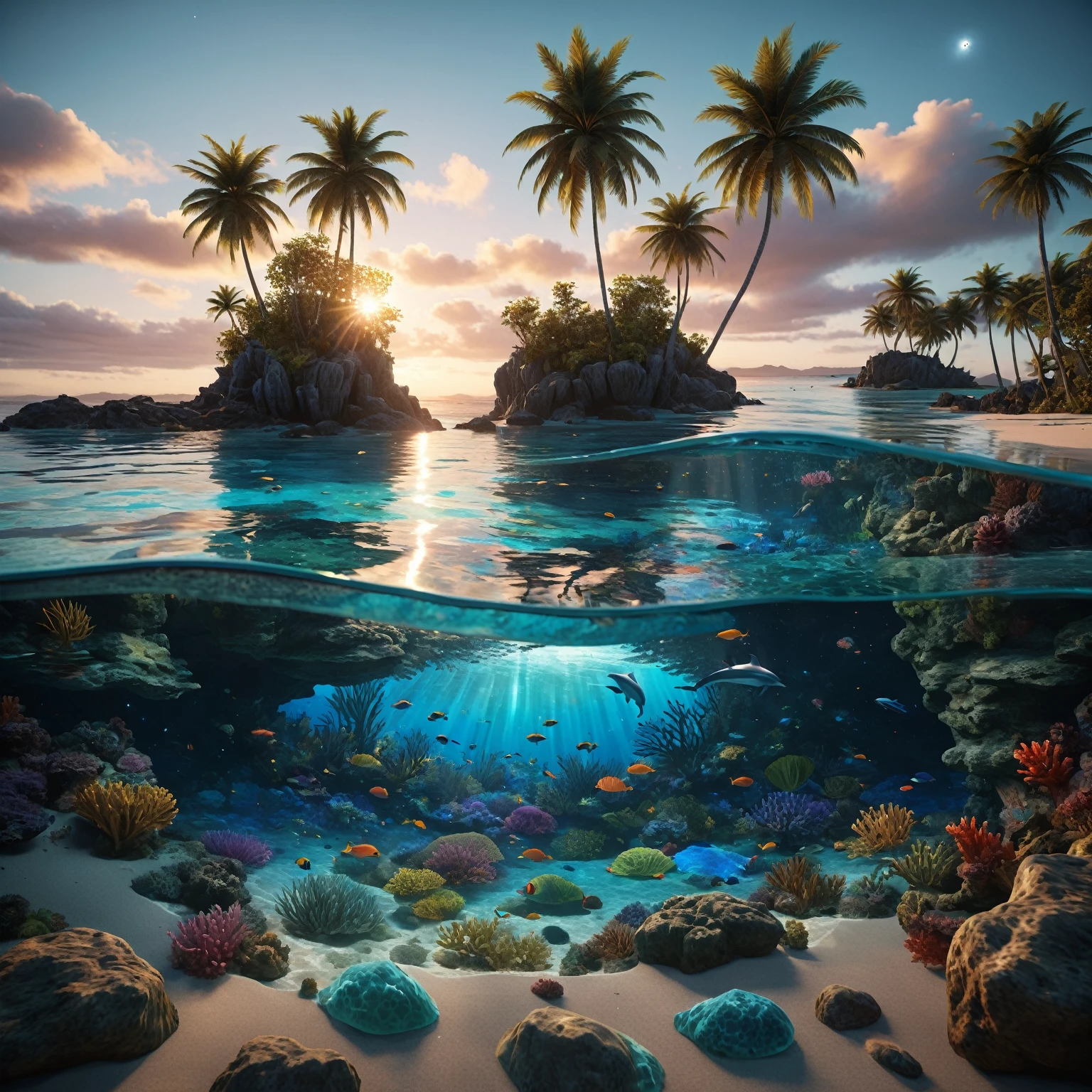 On a dark night lit by the moon, from a high vantage point, observe a turquoise blue lagoon stretching to the horizon. To the left, a beach lined with palm trees nestles under a crystal-clear turquoise blue lagoon, where coral reefs and multicolored bioluminescent aquatic fauna are revealed in detail, animated by delicate waves. In the sky, a swirling galaxy evolves into a giant blue eye, more detailed and majestic, set against a starry sky adorned with nebulae and cosmic dust. The bright reflections of this blue eye and the starry sky intensely mirror on the water’s surface. Along the shore, a blonde woman with long, flowing hair, dressed in a finely detailed transparent gown that seems woven from celestial fabric, stands upright, absorbed by the wonders of the universe. The water near her is crystal clear, revealing multicolored bioluminescent algae and richly detailed marine life. In the midst of this scene, a joyful dolphin leaps out of the water, adding a touch of life and movement. This work must capture the essence of lunar luminism and fantastical realism against a complex and meticulously detailed background, rendered in ultra-realistic 8k resolution for hyper-realistic finesse evoking enchanted photography effects. Summon modern fantasy elements popular on Artstation Unreal Engine 5 with vibrant ink-spotted colors, a maximalist style, matte painting techniques offering an expansive depth of field, all while preserving simple and pure reflections in the darkness.