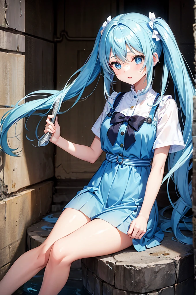 A girl with long light blue hair and twin tails comes out of a deep well.