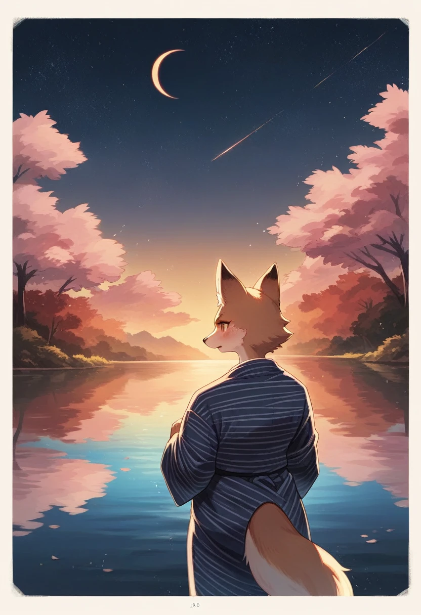 top quality, best quality, highres, masterpiece, super high resolution, detailed background, lake, nigh sky, firework, japanese yukata, absurdres, perfect anatomy, good lighting, cinematic shadow(1girl, kemono, furry anthro)assorted expressions, upper shot, dynamic angle,