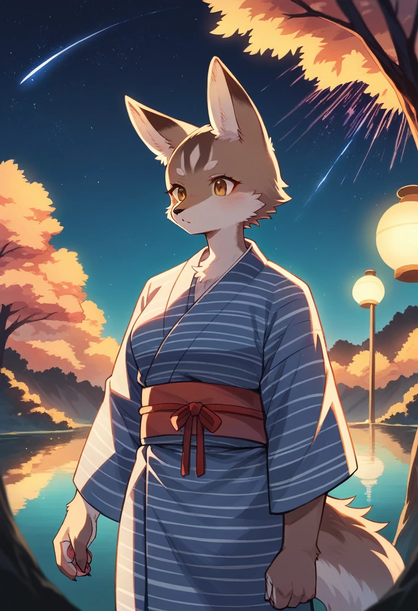 top quality, best quality, highres, masterpiece, super high resolution, detailed background, lake, nigh sky, firework, japanese yukata, absurdres, perfect anatomy, good lighting, cinematic shadow(1girl, kemono, furry anthro)assorted expressions, upper shot, dynamic angle,