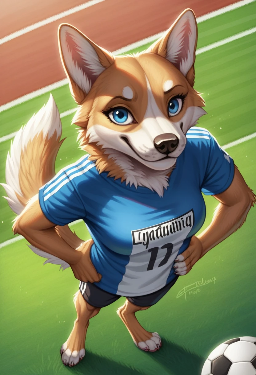score_9, score_8_above, score_7_above, score_6_above, score_5_above, score_4_above, furry font, High Definition, Masterpiece, Best Quality, Alone, detailed, 5 fingers, detailed Blue eyes, detailed black paboveils, detailed background, defined body, NSFW, standing on the soccer field, Soccer field background, interacting with the background, detailed body, looking at the viewer, detailed fur, holding soccer ball, T-shirt, Bermuda, hand on hip, affected smile,
por Marblesoda zabivakaponyxlfemale, Blue eyes, body fur, Dog tail, dog ears,