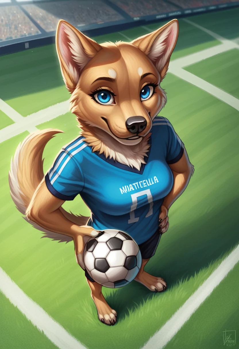 score_9, score_8_above, score_7_above, score_6_above, score_5_above, score_4_above, furry font, High Definition, Masterpiece, Best Quality, Alone, detailed, 5 fingers, detailed Blue eyes, detailed black paboveils,  detailed background, defined body, NSFW, standing on the soccer field, Soccer field background, interacting with the background, detailed body, looking at the viewer, detailed fur, holding soccer ball, T-shirt, Bermuda, hand on hip, affected smile, 
por Marblesoda zabivakaponyxlfemale, Blue eyes, body fur, Dog tail, dog ears,