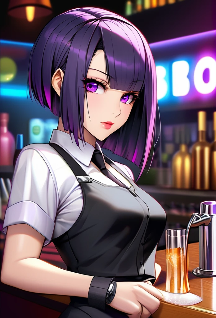 Adult Female, Black purple hair, slanted bob haircut, phlegmatic, stoic expression, perfect purple eyes, cyberpunk bar, bartender, bartender uniform, highly detailed, high quality, perfect quality, 8k, solid black pupils