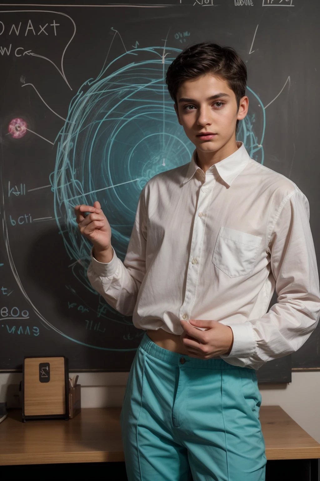 A beautiful young man, a cute male twink, with black hair, a face with reddish make-up, wearing a bright white long-sleeved shirt and aqua blue pants. He is in his office, and behind him is a blackboard on which is written the shape of the brain and its anatomy, and nuclear energy comes out of it.