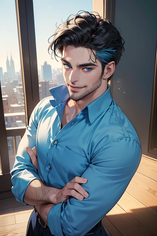 a handsome 35 year old man, 3 day beard, dark hair, sharp jawline, (mesmerizing blue eyes), perfectly styled hair, wearing cool anime outfit, confident expression, vibrant, dynamic lighting, (CEO), (expression, smile in love), (best quality,4k,8k,highres,masterpiece:1.2),ultra-detailed,(realistic,photorealistic,photo-realistic:1.37)