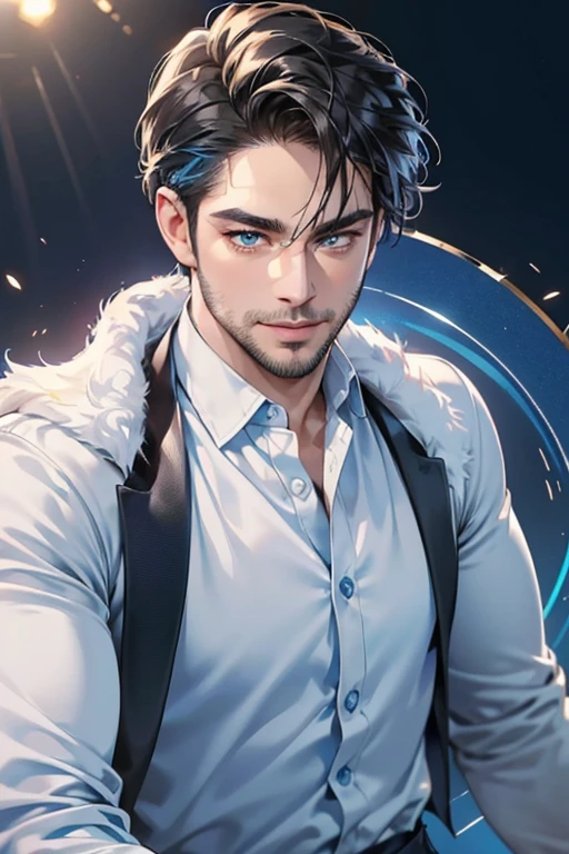 a handsome 35 year old man, 3 day beard, dark hair, sharp jawline, (mesmerizing blue eyes), perfectly styled hair, wearing cool anime outfit, confident expression, vibrant, dynamic lighting, (CEO), (expression, smile in love), (best quality,4k,8k,highres,masterpiece:1.2),ultra-detailed,(realistic,photorealistic,photo-realistic:1.37)
