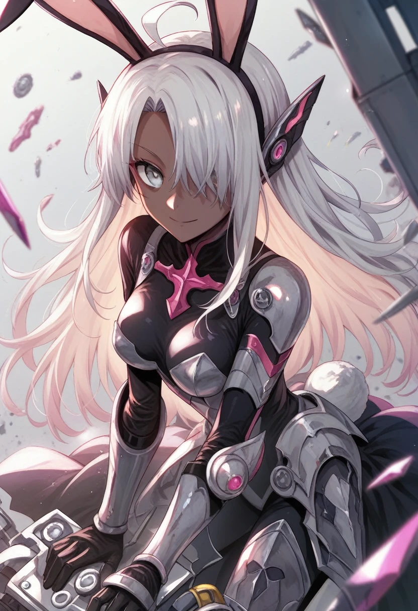 Bunny ears, mechanic, Machine body,, ultra get used to it, masterpiece, highest quality, beautiful, get used to it,, strict, 1 girl, (White eyes:1.1), (gray eyes:1.3), gray hair, とてもlong hair, parted hair, parted bangs, medium breasts,, valkyrie, (body suit:1.1), pink wing hair ornament, grey armored skirt, black body suit, armor, gauntlet, Pink breastplate, greaves, armored dress, shades of pink, break、（dark elf), (1 girl), alone, perfect face, それにget used to it, Ahoge, ((long hair:1.2)), (hair above one eye:1.3), [[messy hair]], Shiny blonde white hair, purple eyes, multicolored eyes, colorful hair, shining eyes, (eyelash, eye shadow, pink eye shadow), bright, smile, design art by Mikimoto Haruhiko, by Kawashi, By Yoshitaka Amano