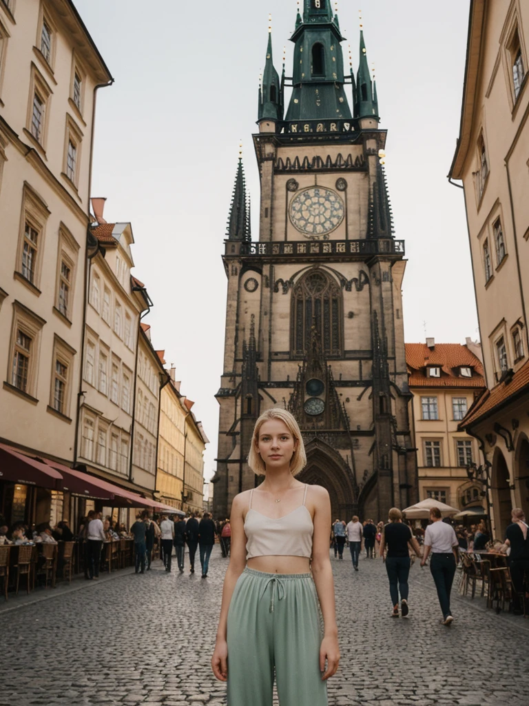 her name is Elle, high quality, 1girl, ((20-year-old fit Caucasian woman)), ((20 years old)), ((fit)), ((pale skin)), short bob blonde hair , wearing Rose Gold Sequin Bralette + High-Waisted Forest Green Silk Joggers, pose: standing, background: Write about the magical view of Prague's Old Town Square at dusk, with its gothic spires, medieval astronomical clock, and the lively buzz of cafes and street performers."