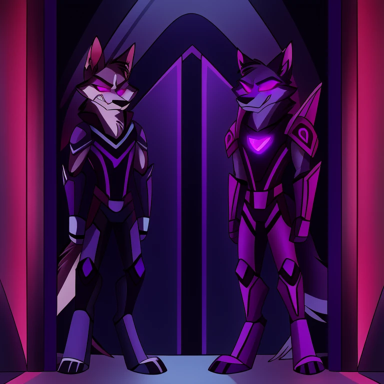 (masterpiece, best quality:1.2), Vortex hellhounds, a couple of male bodyguards, wolves, furry, helluva boss, hypnotized with glowing purple eyes, angry serious face, wearing futuristic armor, using a Pulse Rifle, Energy Rifle, Futuristic assault rifle, guarding the door of a luxury room background