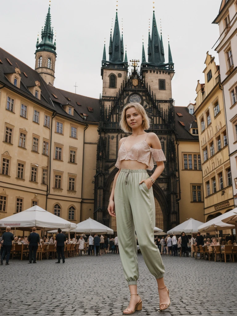 her name is Elle, high quality, 1girl, ((20-year-old fit Caucasian woman)), ((20 years old)), ((fit)), ((pale skin)), short bob blonde hair , wearing Rose Gold Sequin Bralette + High-Waisted Forest Green Silk Joggers, pose: standing, background: Write about the magical view of Prague's Old Town Square at dusk, with its gothic spires, medieval astronomical clock, and the lively buzz of cafes and street performers."
