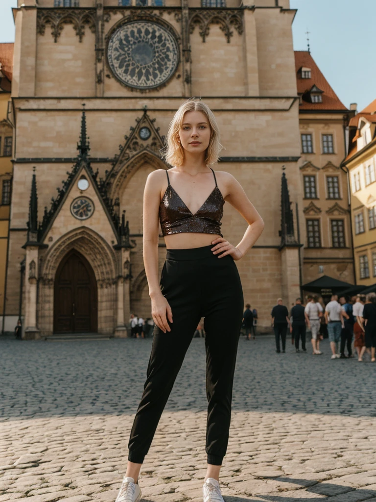 her name is Elle, high quality, 1girl, ((20-year-old fit Caucasian woman)), ((20 years old)), ((hourglass body shape)), ((fit)), ((thin belly, thin legs)), ((medium_round_breasts)), ((pale skin)), ((medium thick aurbun hair)) , wearing Black Silver Sequin Long Arm Long Top + Low-Waisted Forest Green Silk Joggers, pose: standing, background: Write about the magical view of Prague's Old Town Square at dusk, with its gothic spires, medieval astronomical clock, and the lively buzz of cafes and street performers."