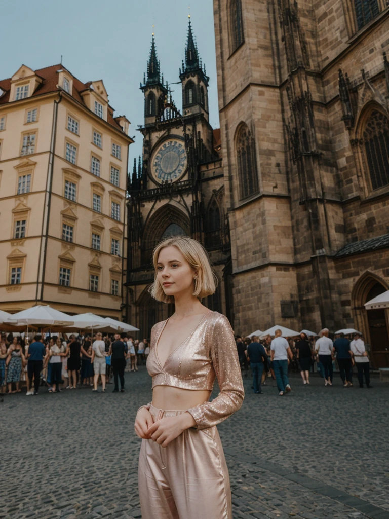 her name is Elle, high quality, 1girl, ((20-year-old fit Caucasian woman)), ((20 years old)), ((fit)), ((pale skin)), short bob blonde hair , wearing Rose Gold Sequin Bralette + High-Waisted Forest Green Silk Joggers, pose: standing, background: Write about the magical view of Prague's Old Town Square at dusk, with its gothic spires, medieval astronomical clock, and the lively buzz of cafes and street performers."