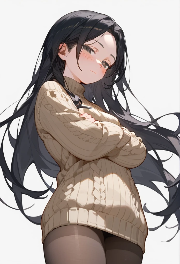 score_9, score_8_up, score_7_up, 1girl, woman, long hair, black hair, parted bangs, light black eyes, small breasts, innexpressive, beige sweater, blushing, narrowed eyes, closed mouth, standing, crossed arms, side view, thigh-high pantyhose, below view, upper body, masterpiece, best quality, white background