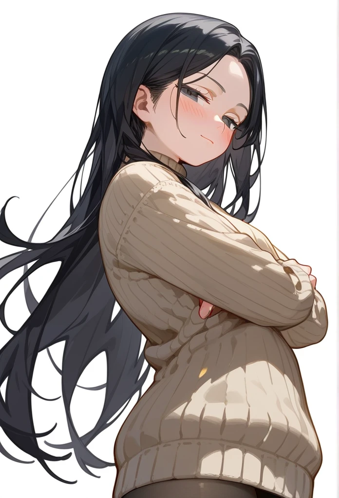 score_9, score_8_up, score_7_up, 1girl, woman, long hair, black hair, parted bangs, light black eyes, small breasts, innexpressive, beige sweater, blushing, narrowed eyes, closed mouth, standing, crossed arms, side view, thigh-high pantyhose, below view, upper body, masterpiece, best quality, white background