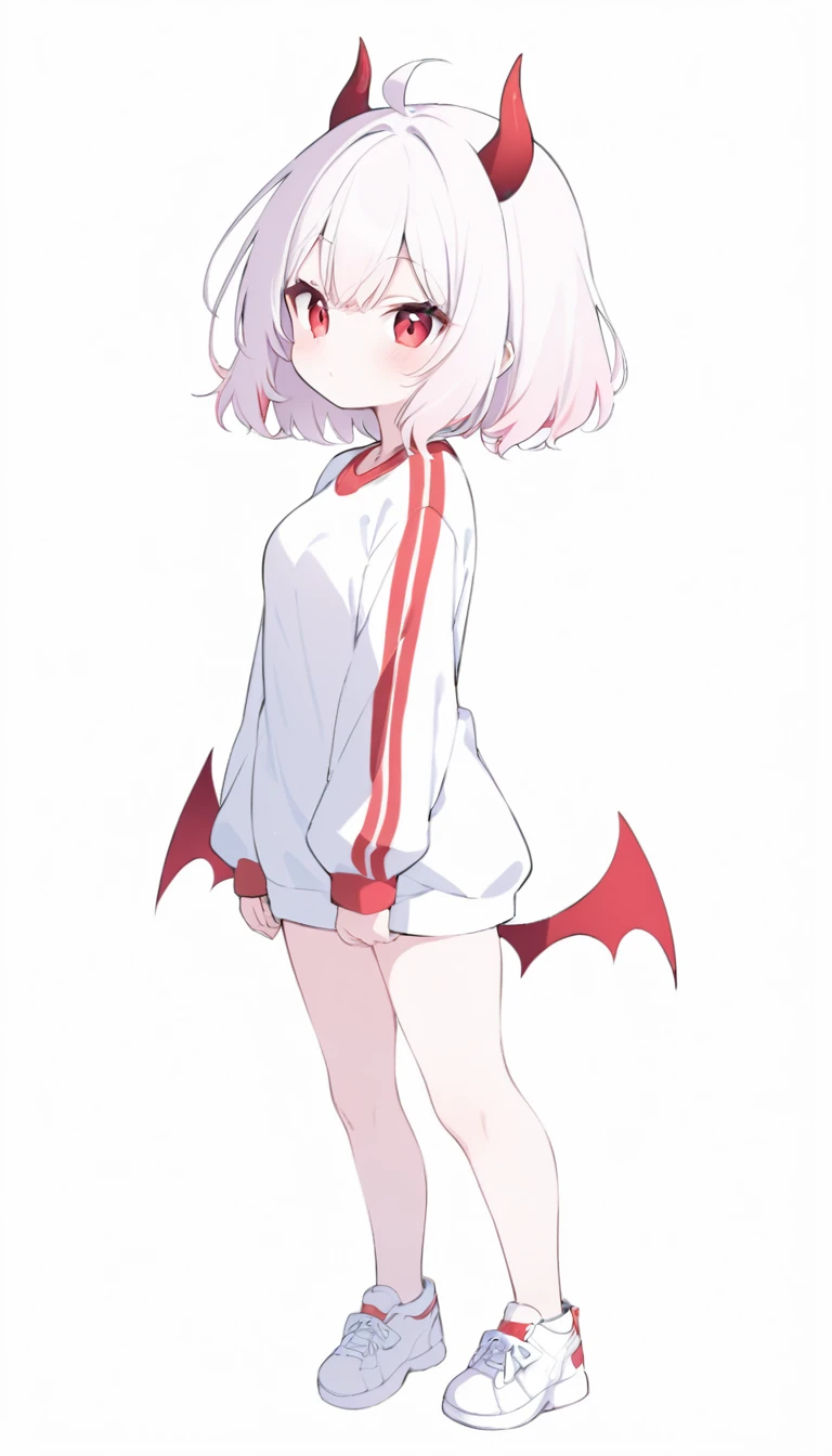 Teenage girl, devil girl, little red horns, white hair, short fluffy hair, big red eyes, pale skin, rosy cheeks, medium breasts, red cheeks, white sports shirt with a red side stripe from left to right. white background, full body