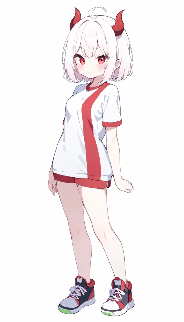 Teenage girl, devil girl, little red horns, white hair, short fluffy hair, big red eyes, pale skin, rosy cheeks, medium breasts, red cheeks, white sports shirt with a red side stripe from left to right. white background, full body