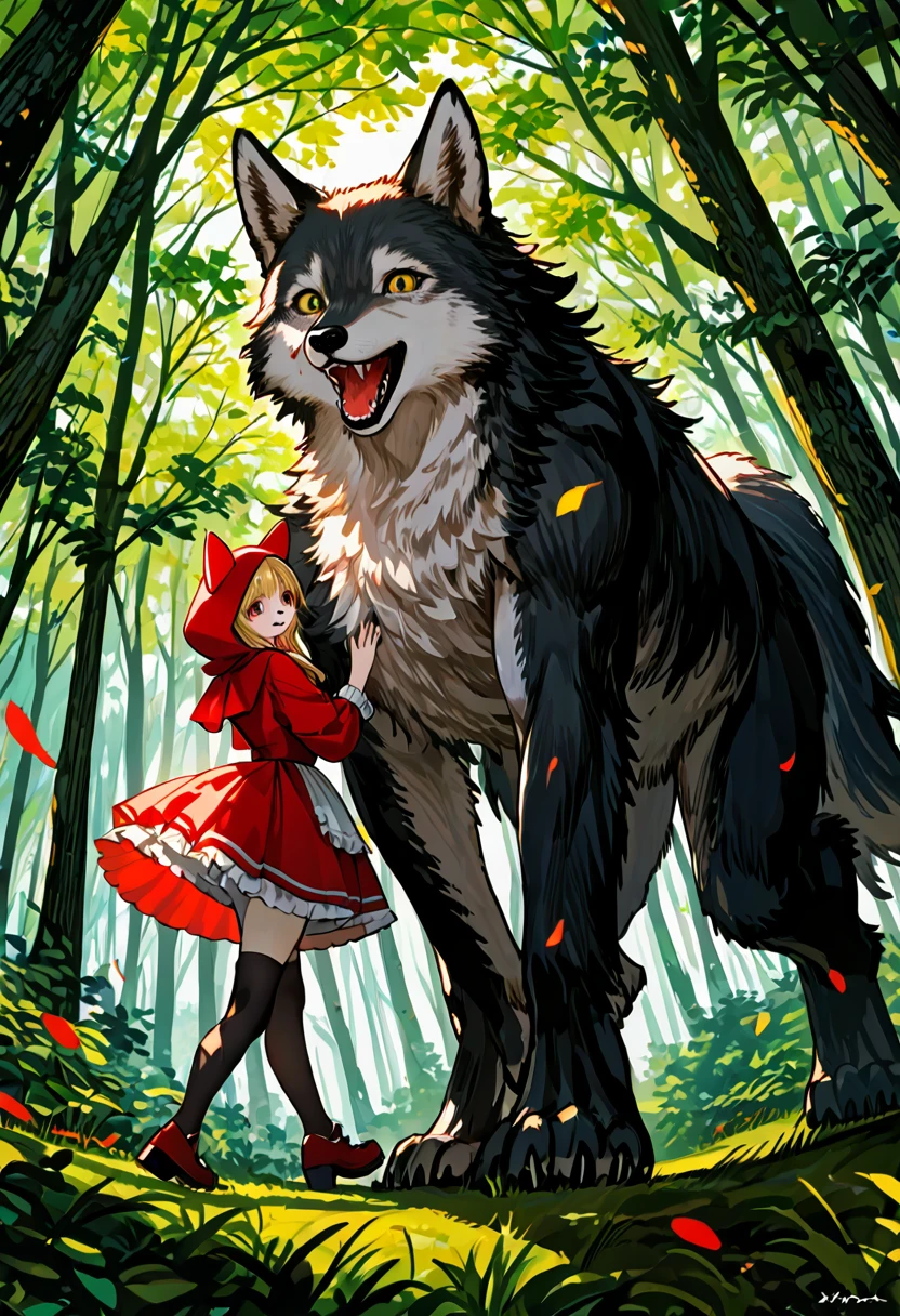 top quality, best quality, High-quality illustrations, masterpiece, super high resolution, detailed background, Little Red Riding Hood, forest, A wolf chases a girl, boy, girl, absurdres, perfect anatomy, good lighting, cinematic shadow(kemono, furry anthro)dynamic angle,