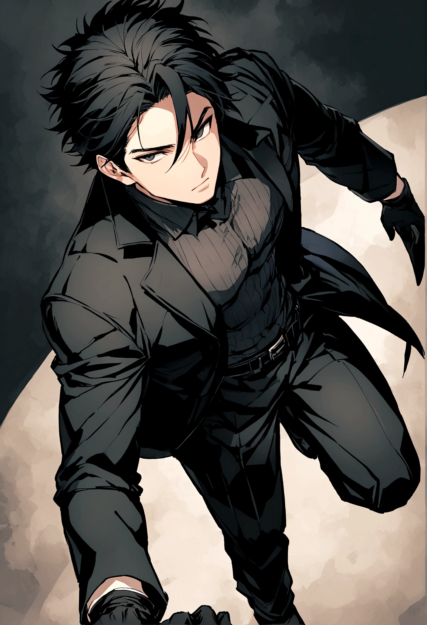 masculine man, high , muscular , with full black suit and open black trench coat , short black hair combed back and black eyes , black belt and black gloves ,Delgado , ,24 years old