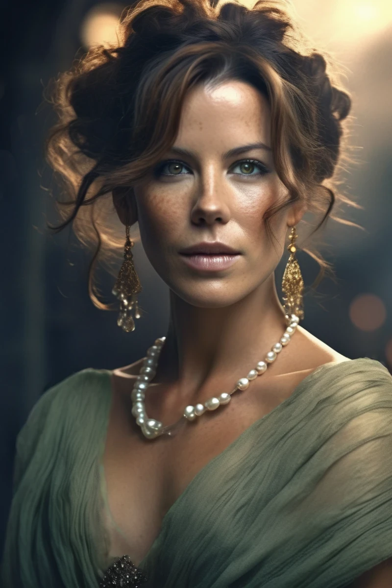 kate beckinsale woman Realistic 8K portrait: A young Smiling Freckles brunette, green eyes, wind-blown long hair, medevil dress, princess, crown, pearl necklace; dramatic lighting, cinematic colors; hyper-above