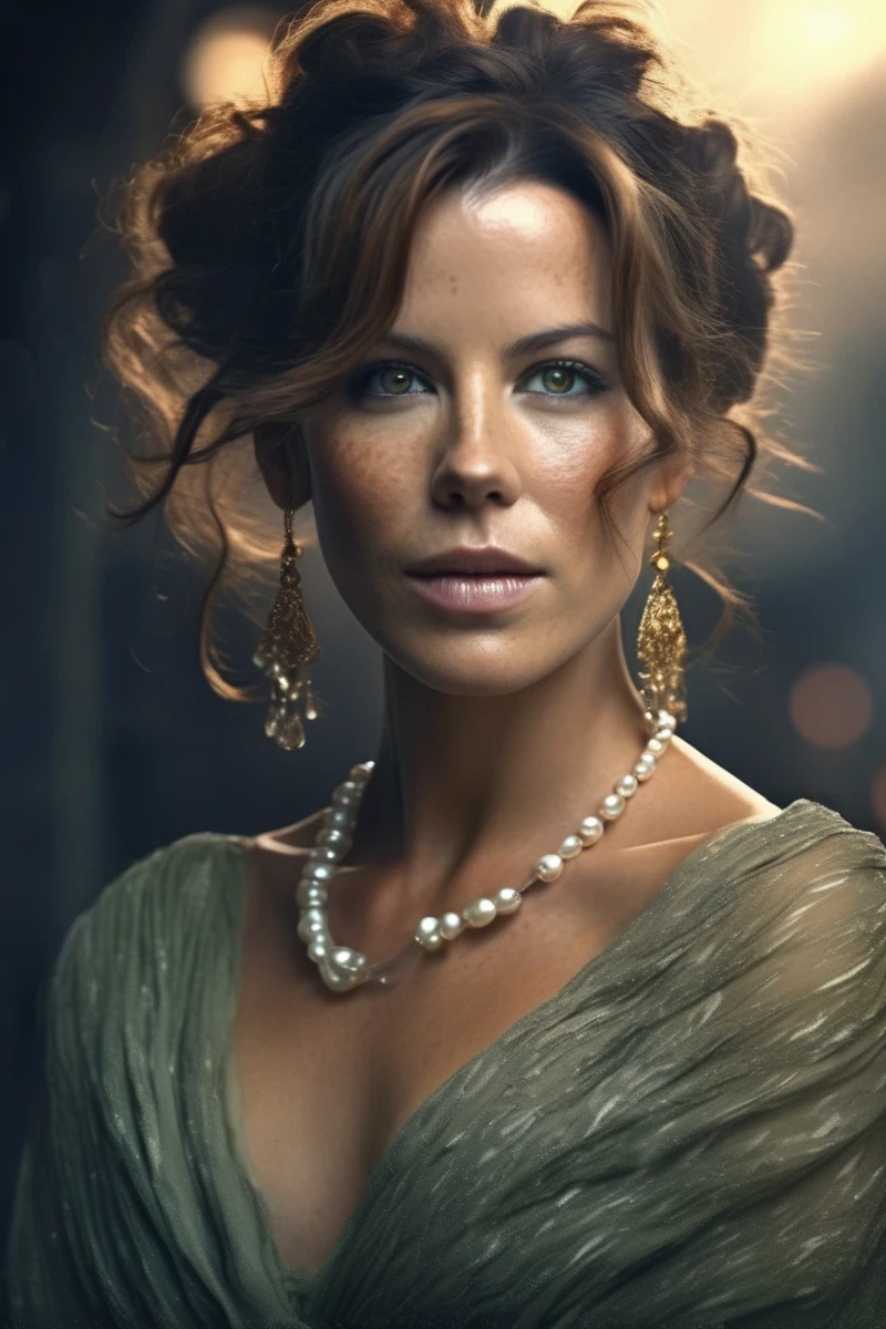 kate beckinsale woman Realistic 8K portrait: A young Smiling Freckles brunette, green eyes, wind-blown long hair, medevil dress, princess, crown, pearl necklace; dramatic lighting, cinematic colors; hyper-above