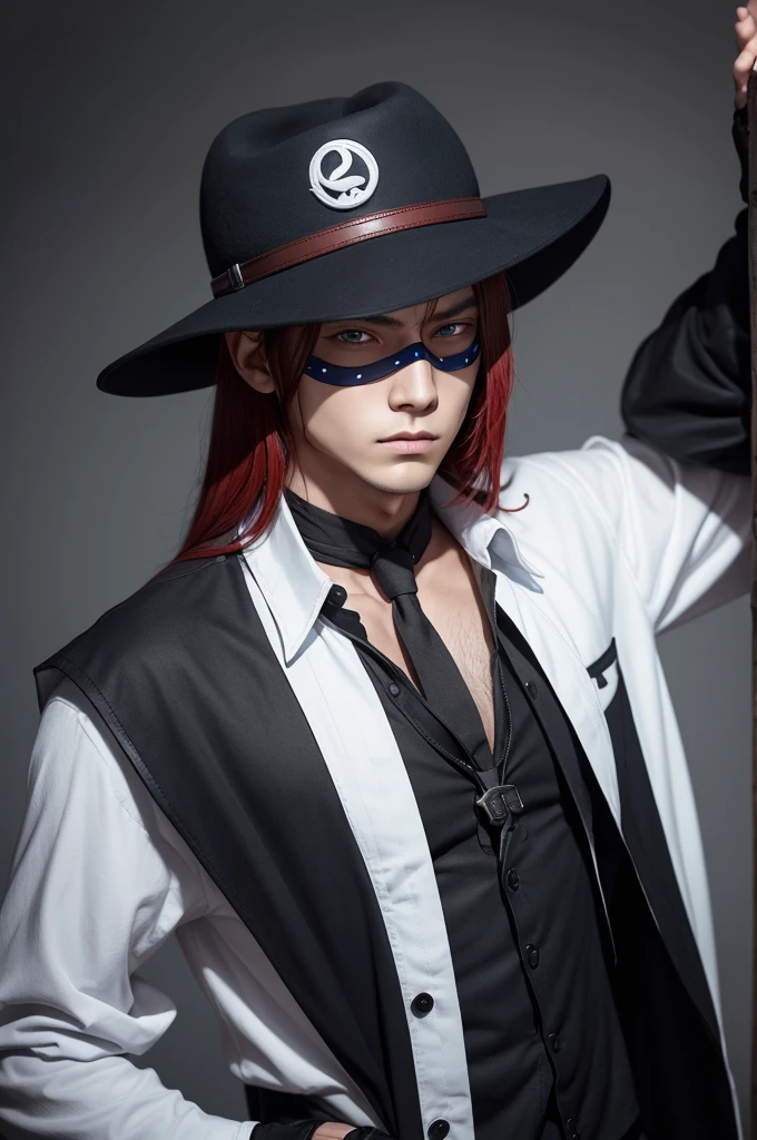 A character with the Peak blardens hat and two blue eyes and a black mask with a white dot on the tip of the mask and a white long-sleeved shirt with a red detail in the middle and in the background written free fire