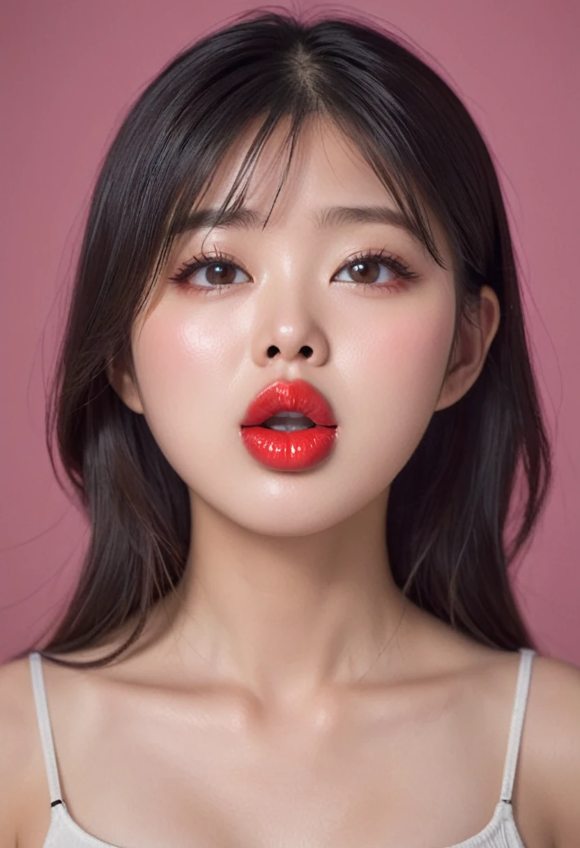 Portrait of an 18 year old Asian girl, Spectacular (photograph, Studio Lighting, Hard Light, Sony a7, 50mm, Matte skin, pores, color, Hyper Detail, Surreal),Kissing Face、Purse your lips and stick out your tongue、Sticking out wet tongue、Glossy red lip gloss