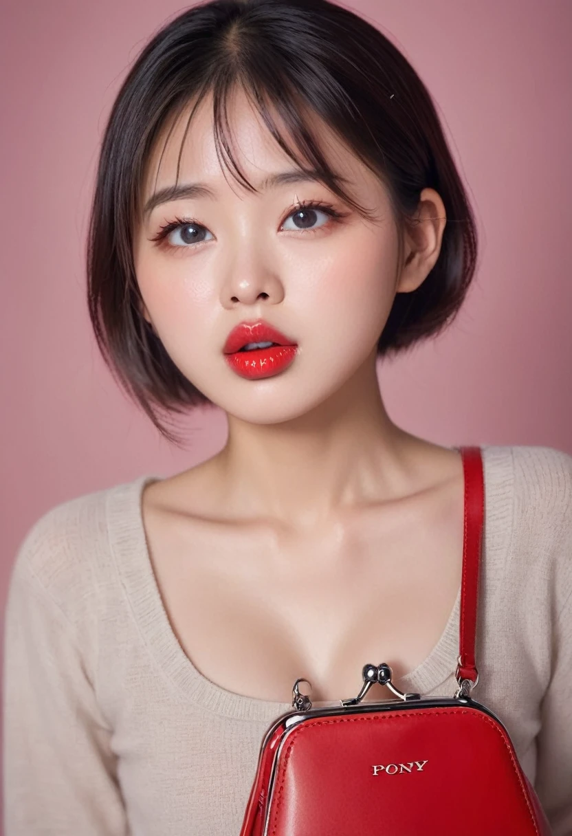 Portrait of an 18 year old Asian girl, Spectacular (photograph, Studio Lighting, Hard Light, Sony a7, 50mm, Matte skin, pores, color, Hyper Detail, Surreal),Kissing Face、Purse your lips and stick out your tongue、Sticking out wet tongue、Glossy red lip gloss