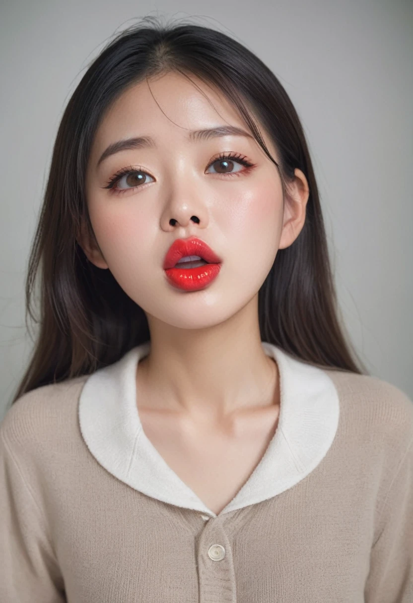 Portrait of an 18 year old Asian girl, Spectacular (photograph, Studio Lighting, Hard Light, Sony a7, 50mm, Matte skin, pores, color, Hyper Detail, Surreal),Kissing Face、Purse your lips and stick out your tongue、Sticking out wet tongue、Glossy red lip gloss