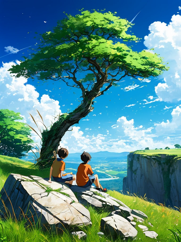 a boy sitting under a big tree near a cliff ,leftovers from the tree, seeing a vast blue sky with white fluffy clouds and bright edges and brush strokes , tall grasses stones, , makoto shinkai cyril rolando, anime art wallpaper 4k, anime art wallpaper 4k, animated background, anime art wallpaper 8K, animated background art, Anime Landscape Wallpaper, amazing wallpaper, HD wallpaper, 4k anime wallpaper, 4k anime wallpaper, Aries Moross art,art by Bob Byerley , AshleyWoodArtAI, greg rutkowski ultra HD quality 
