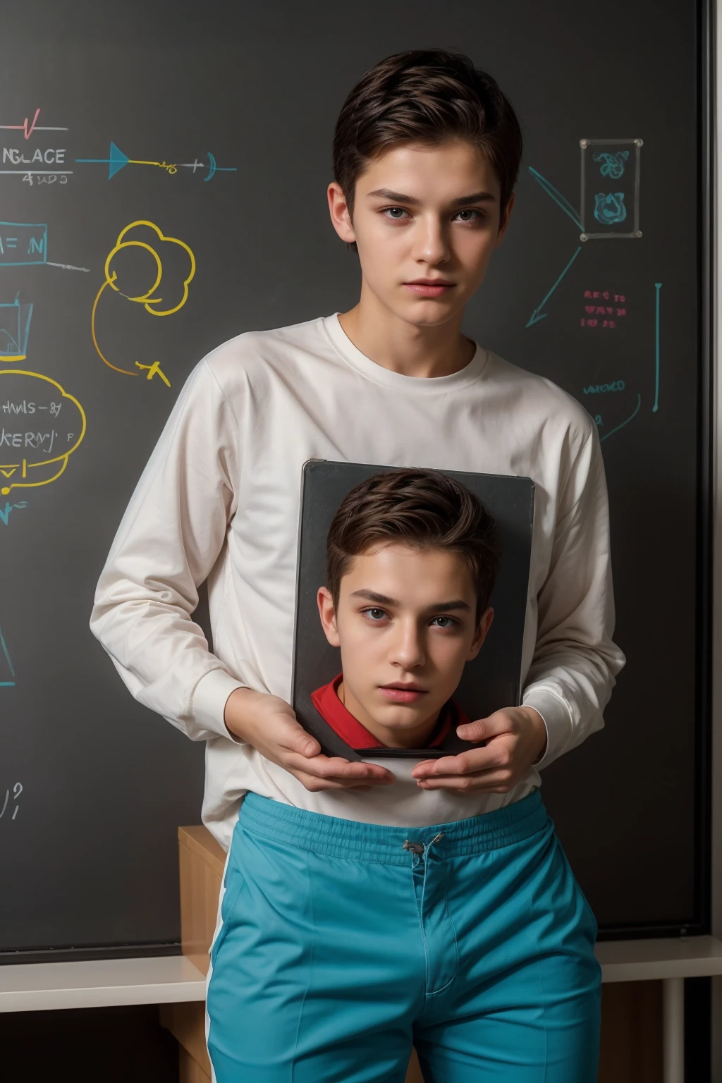 A beautiful young man, a cute male twink, with black hair, a face with reddish make-up, wearing a bright white long-sleeved shirt and aqua blue pants. He is in his office, and behind him is a blackboard on which is written the shape of the brain and its anatomy, and nuclear energy comes out of it.