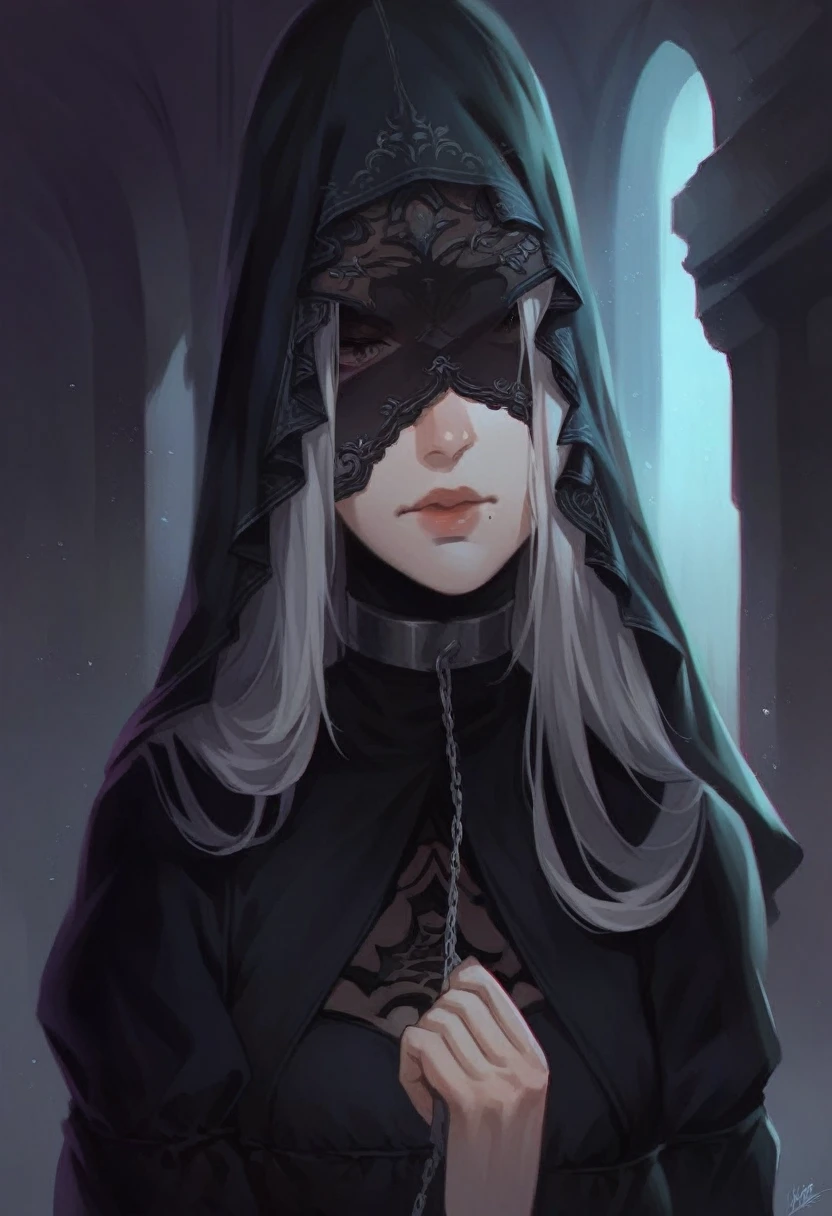 anime girl in black cape and hood holding a chain, dark fantasy style art, non-style artwork by guweiz, Dark fantasy portrait, painted in the style arcane, Dark Fantasy Illustration, fanart best art station, alexandra fomina artstation, BLACK VEIL, translucent blind mask, full body, 2b outfit, 2b nier dress, nier outfit