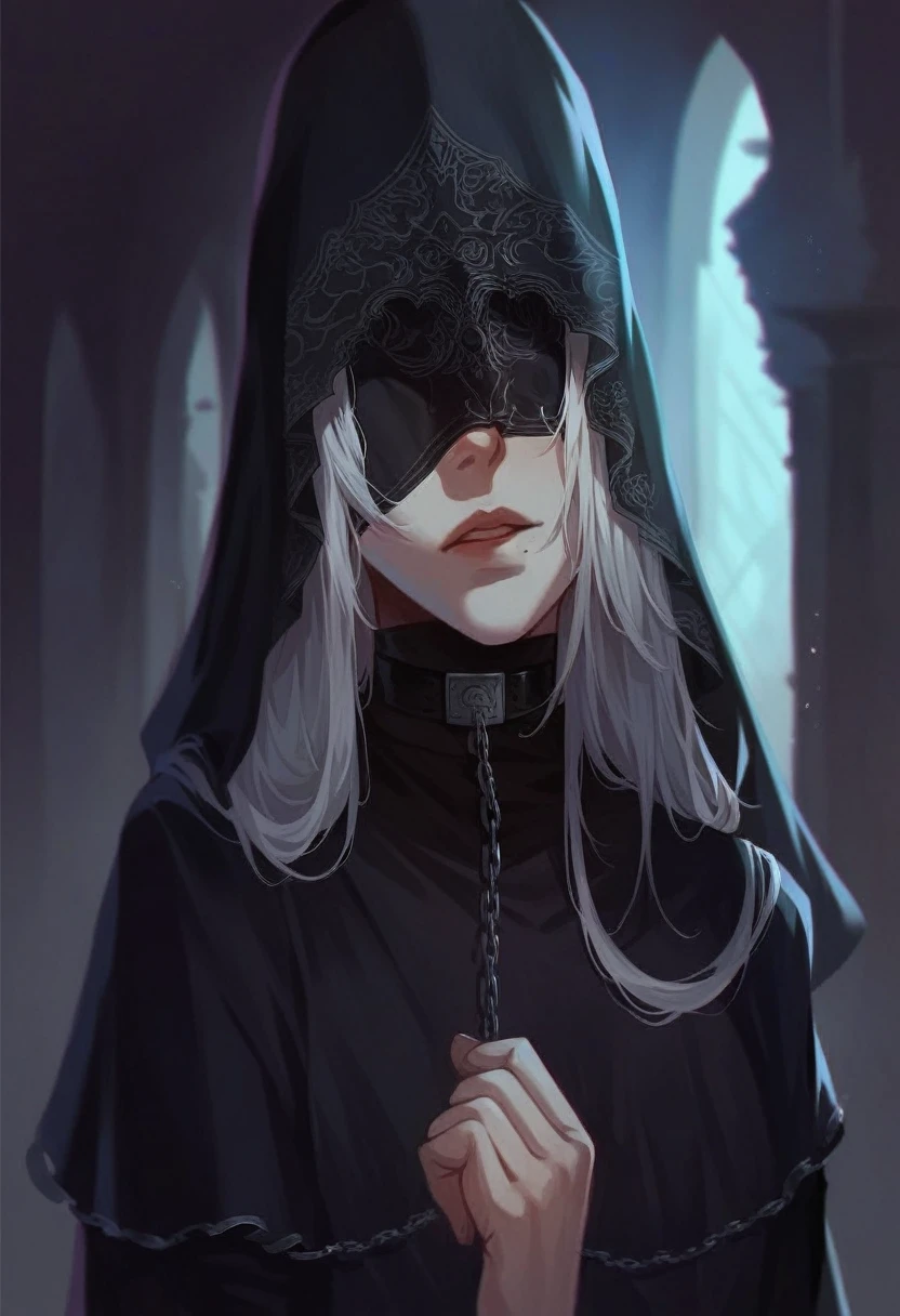 anime girl in black cape and hood holding a chain, dark fantasy style art, non-style artwork by guweiz, Dark fantasy portrait, painted in the style arcane, Dark Fantasy Illustration, fanart best art station, alexandra fomina artstation, BLACK VEIL, translucent blind mask, full body, 2b outfit, 2b nier dress, nier outfit