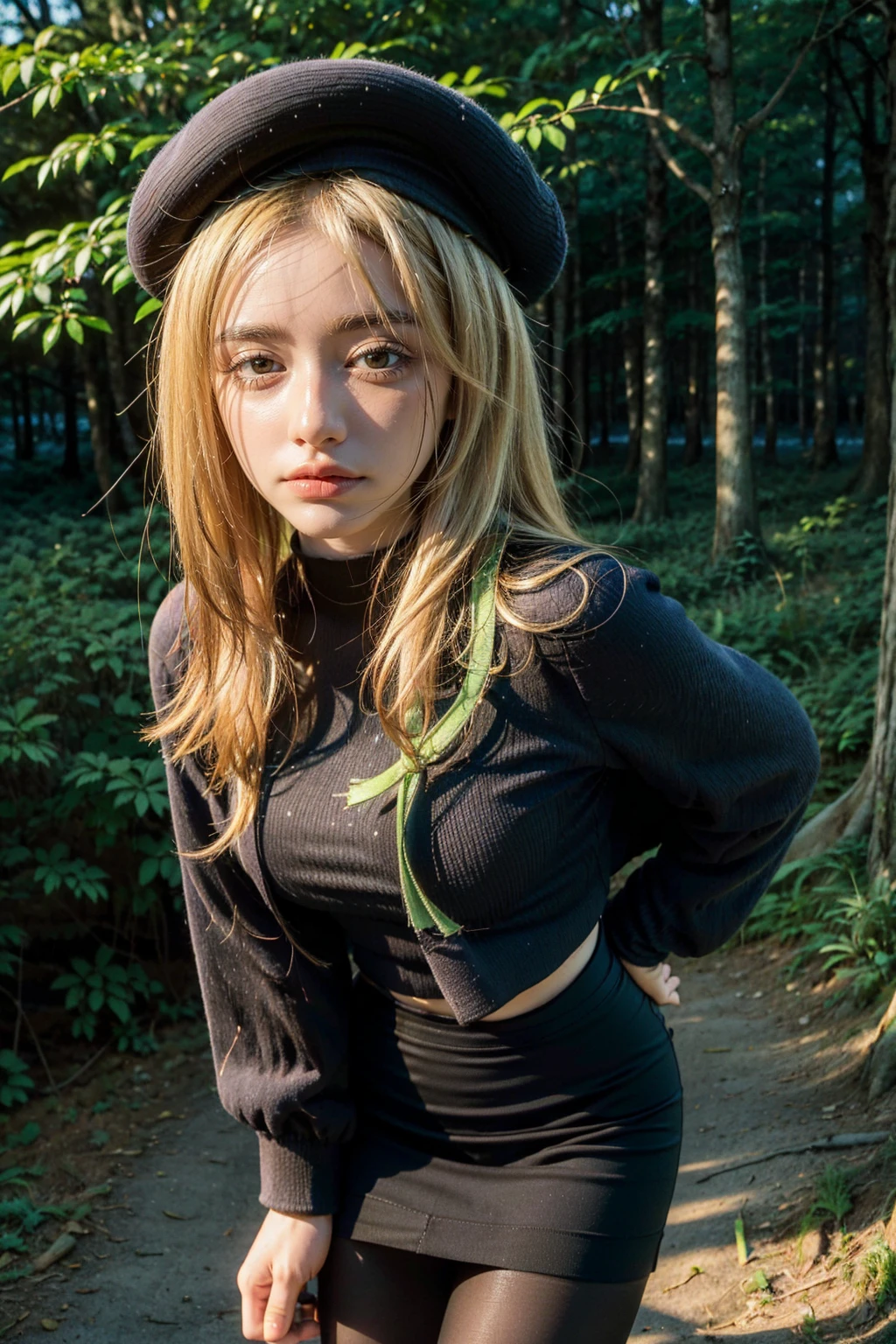 1 girl, best quality, ((Miyo)), tarankaaa, perfect face, beautiful smile, 30 years old, ((ascot, uniform, black skirt, cross, ribbon, gold blonde hair, emerald, beret, cape, pantyhose, long shirt covering hips)), ((perfectly drawn hands)), perfect body, bare tree, bush, fog, forest, grass, nature, outdoors, plant, scenery, solo, standing, tree, 32k photograph, ((perfect eyes, detailed eyes,realistic eyes)), ((sharp face, detailed face, realistic face, natural skin, realistic skin, detailed skin, pores)), full body, tone mapping, asian-european, ((masterpiece)), ((highres)), ((detailed background)), japanese village background, night, big proportions,