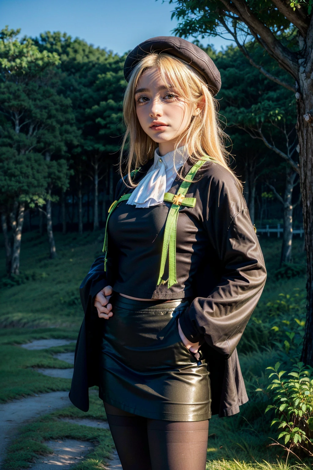 1 girl, best quality, ((Miyo)), tarankaaa, perfect face, beautiful smile, 30 years old, ((ascot, uniform, black skirt, cross, ribbon, gold blonde hair, emerald, beret, cape, pantyhose, long shirt covering hips)), ((perfectly drawn hands)), perfect body, bare tree, bush, fog, forest, grass, nature, outdoors, plant, scenery, solo, standing, tree, 32k photograph, ((perfect eyes, detailed eyes,realistic eyes)), ((sharp face, detailed face, realistic face, natural skin, realistic skin, detailed skin, pores)), full body, tone mapping, asian-european, ((masterpiece)), ((highres)), ((detailed background)), japanese village background, night, big proportions,