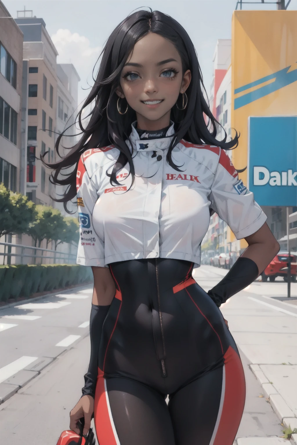(work of art, best qualityer, hires, high resolution:1.2), (comely, Aesthetics, perfect, dainty, intricate:1.2), (Depth of field:1.2), (1 girl, standing alone), (mature woman), (darkskin, skin black, ebony:1.4), (a sexy racing driver leaning against the wall), (fleshy lips, Glossy lips), (shorth hair), (smiling), (racing driver uniform), (cowboy shot),