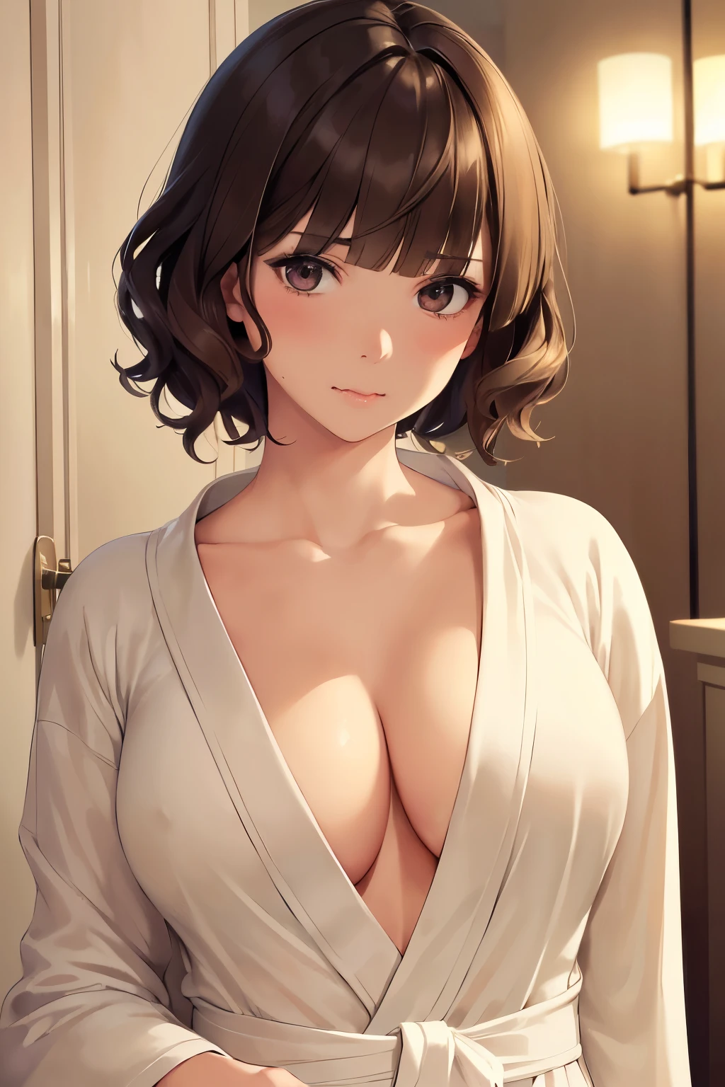 ((masterpiece)), ((best quality)), (detailed), ((mature female)), (medium skin), medium fluffly moptop bob cut, (blunt bangs), brown hair, (tareme), large breasts, photograph, beautiful detailed face, detailed eyes, ((night hotel room)), (embarrassed:1.2), ((bathrobe)), (wavy mouth), ((upper body))