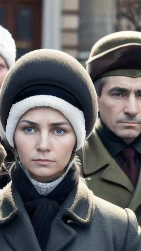 group of russians men and women gathered, focus on faces.