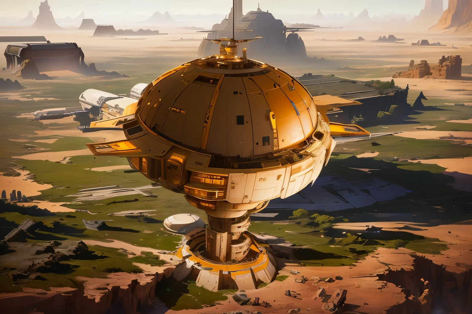 Space City、Futuristic cities、alien、floating in the universe、cyberpunked、Skyscrapers line the streets、A space station、top-quality、masterpiece、24century、dream、utopian、planetmining outpost, rusted junk, derelict space ship, a ancient crashed spaceship, airship in steampunk, hyperdetailed concept art, by Aleksander Gine, concept art highly detailed, a close up of a large yellow and white balloon flying over a desert, hexagonal planetary space base, concept piece, ultra detailed concept art, utopian space ship, research outpost, concept art artwork masterpiece, concept arts, official concept art, viktor antonov concept art, concept illustration, interplanetary cathedral, solarpunk space ship, concept art rendering