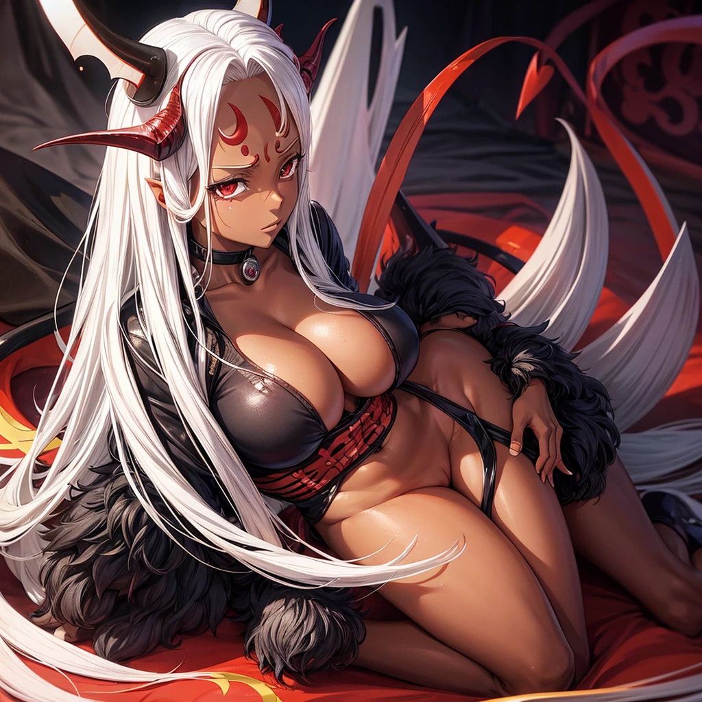 yamato(one piece),dark skin,white hair,demon ears,demon wings,demon tails,demon horns,sexy,milf,sharingan eyes,